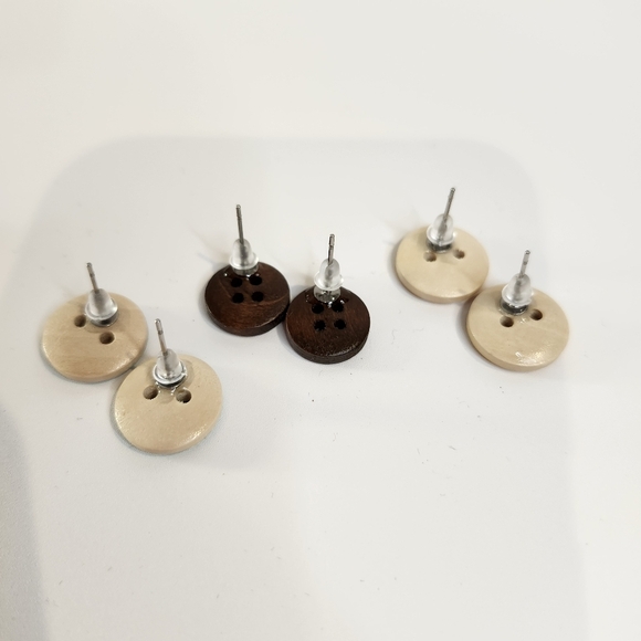 Cute Wooden Button Earrings Set of 3 Studs Yellow Light Blue Polka Dots Artsy - Picture 3 of 4